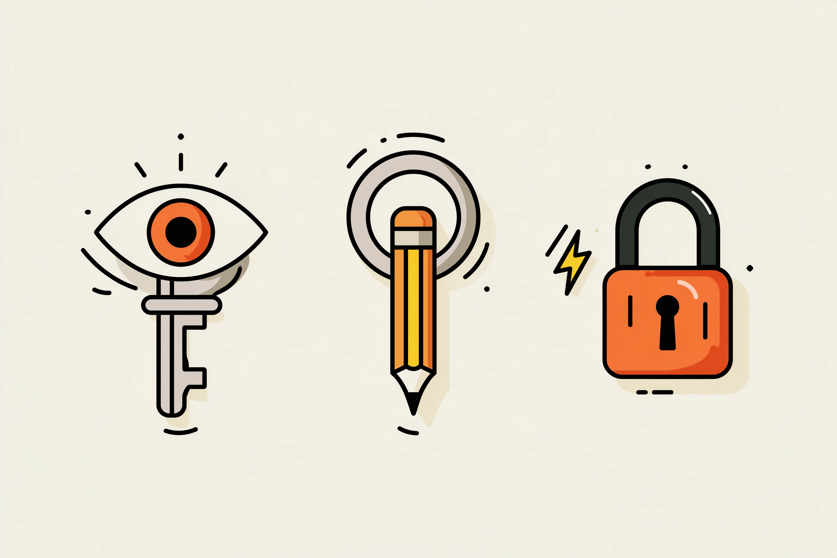 Simple graphic of three keys labeled by icon, an eye for read, a pencil for draft, and a lightning bolt for act, showing levels of AI agent access