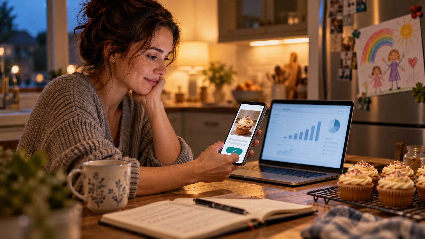 Small business owner at a kitchen table in the evening reviewing an AI agent's drafted social post on a phone before approving it