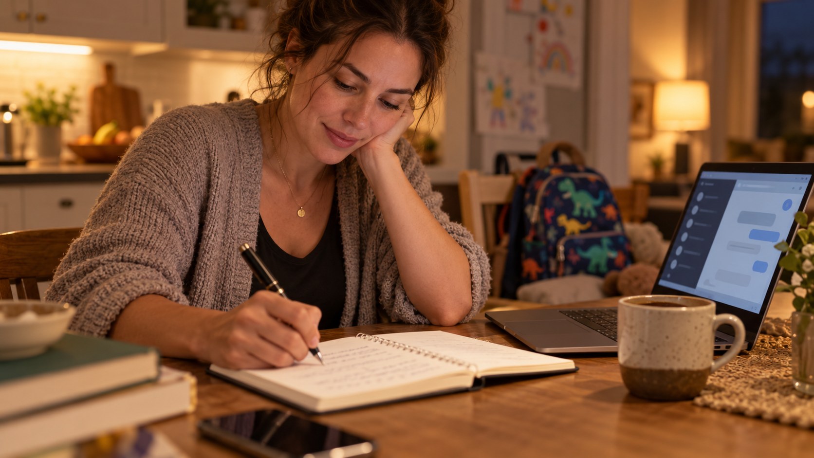 Small business owner at a kitchen table writing her own decision in a notebook before checking an AI assistant's advice on a laptop