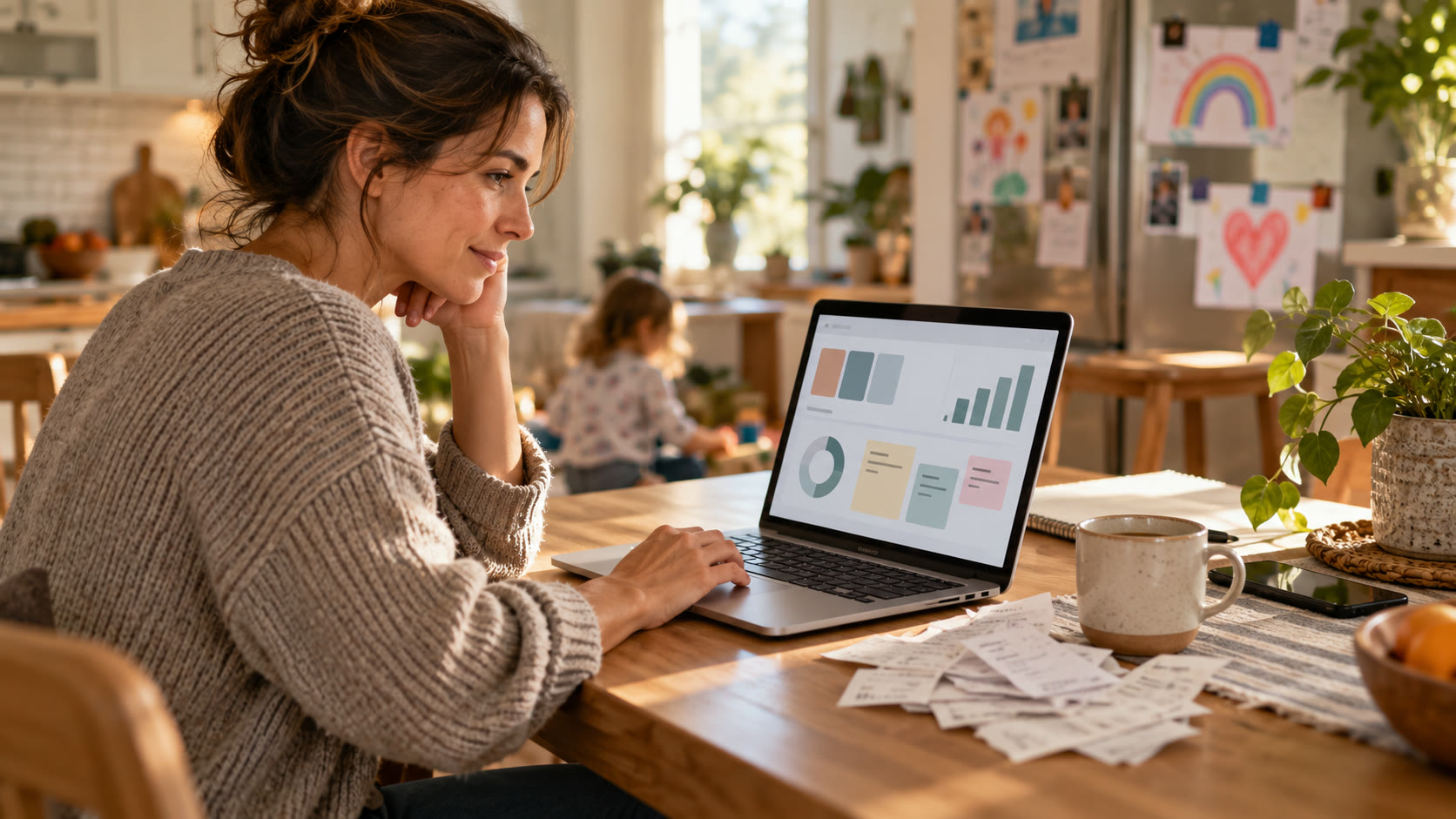 Small business owner at a home office closing extra browser tabs while one AI business hub screen shows brand colors, a simple sales chart, and customer notes