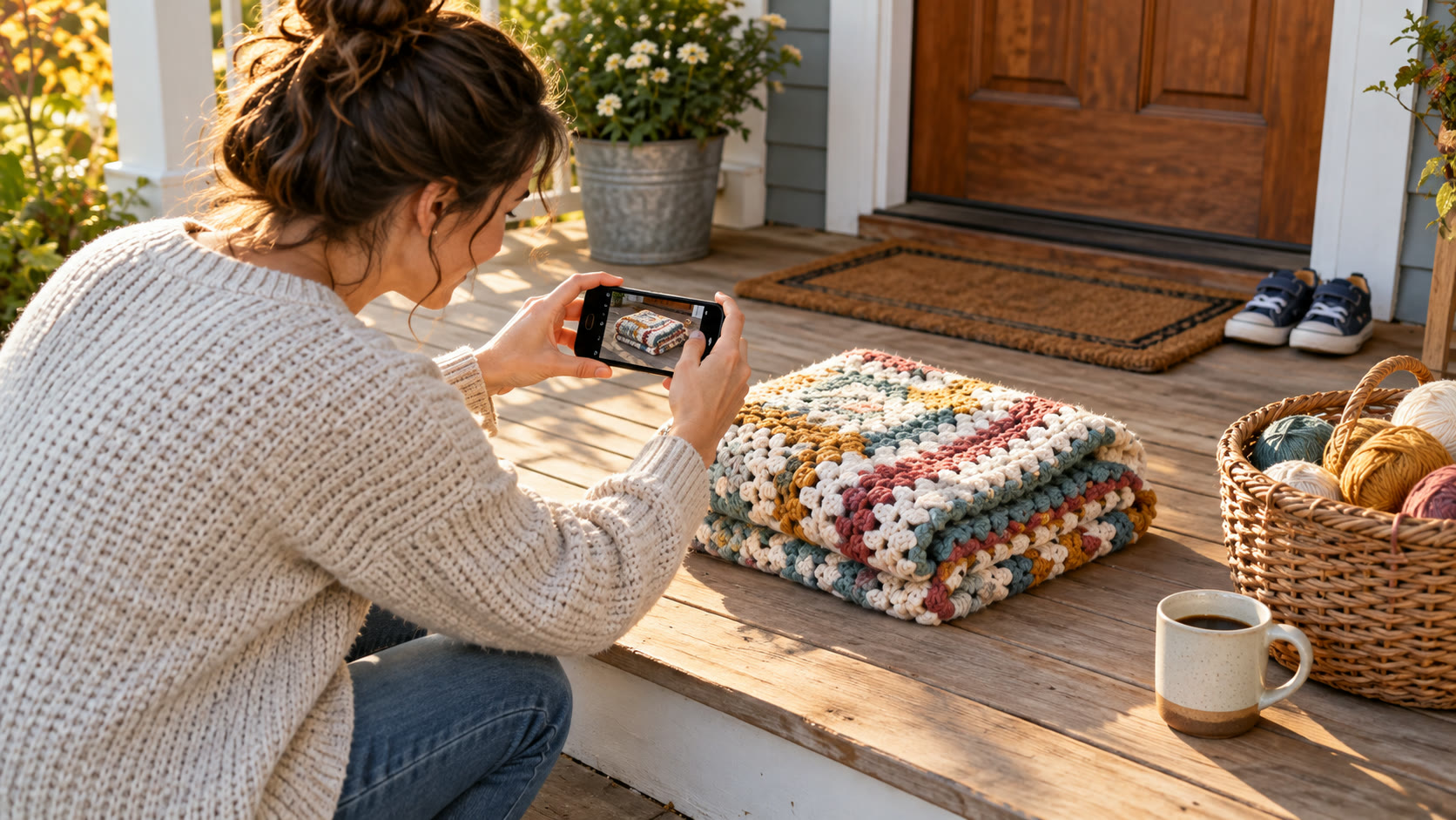 Parent seller photographing a handmade crochet blanket on a porch in morning light with a phone, showing the real unedited product photo Etsy's new AI rules require