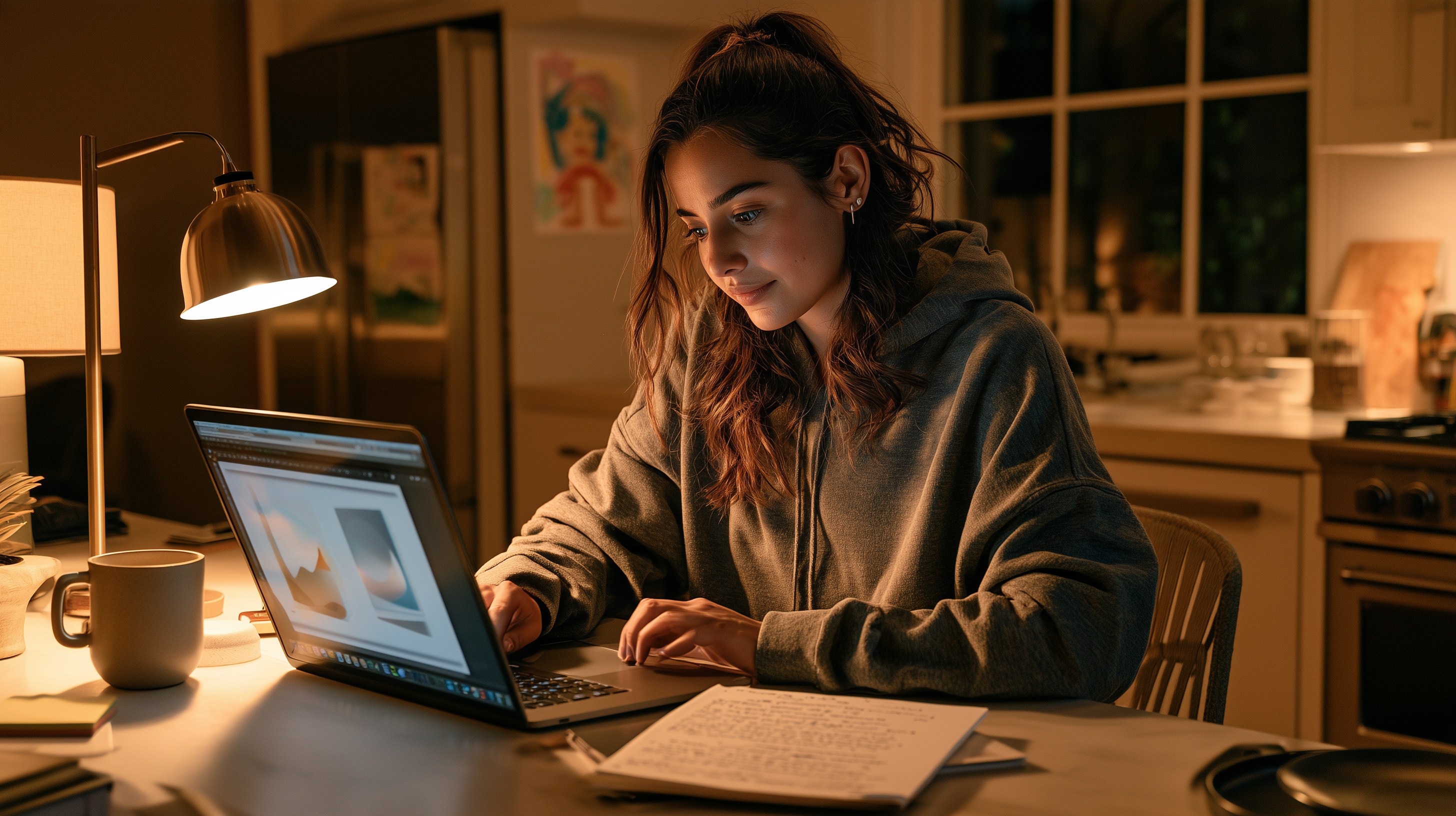 Small business owner at a kitchen table at night reviewing a ChatGPT Slides presentation on a laptop next to a handwritten one-page outline