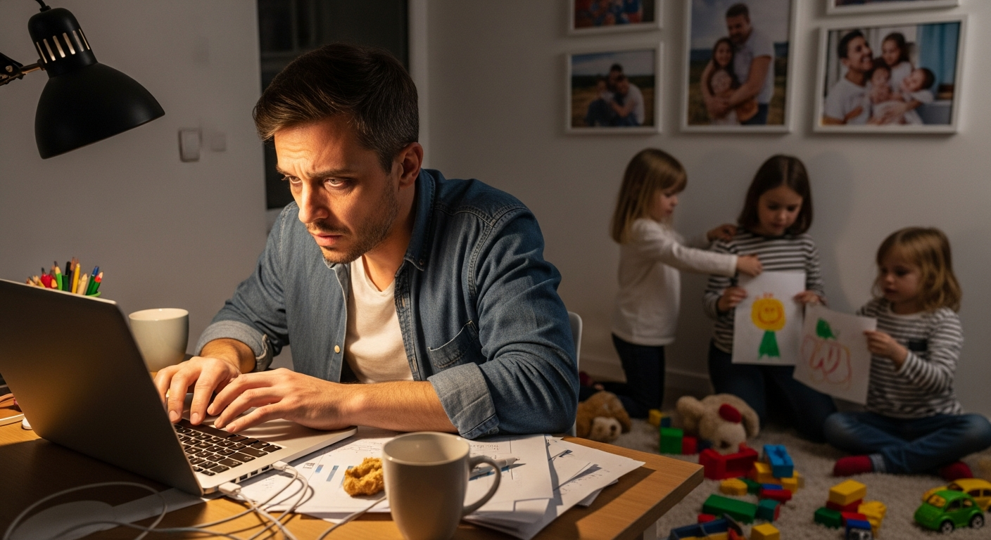 Stressed parent entrepreneur missing family time while working